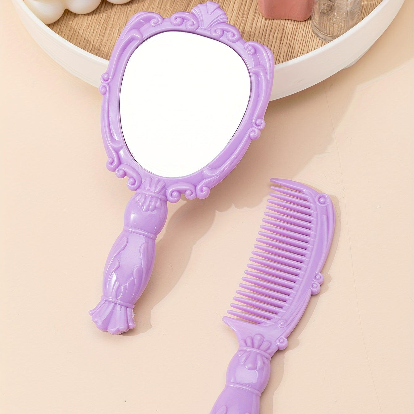 Vintage Purple Handheld Makeup Mirror Compact Purse Set