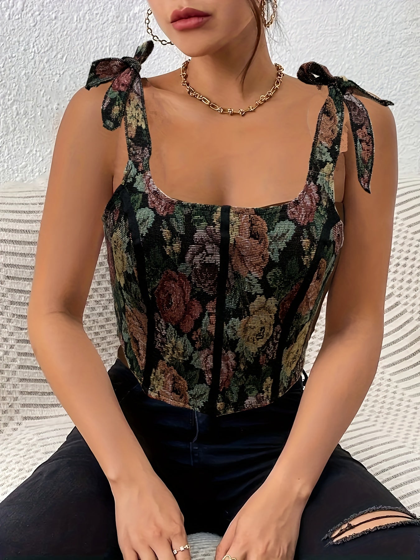 Vintage Floral Print Top Sleeveless Zipper Knotted Summer Top