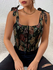 Vintage Floral Print Top Sleeveless Zipper Knotted Summer Top