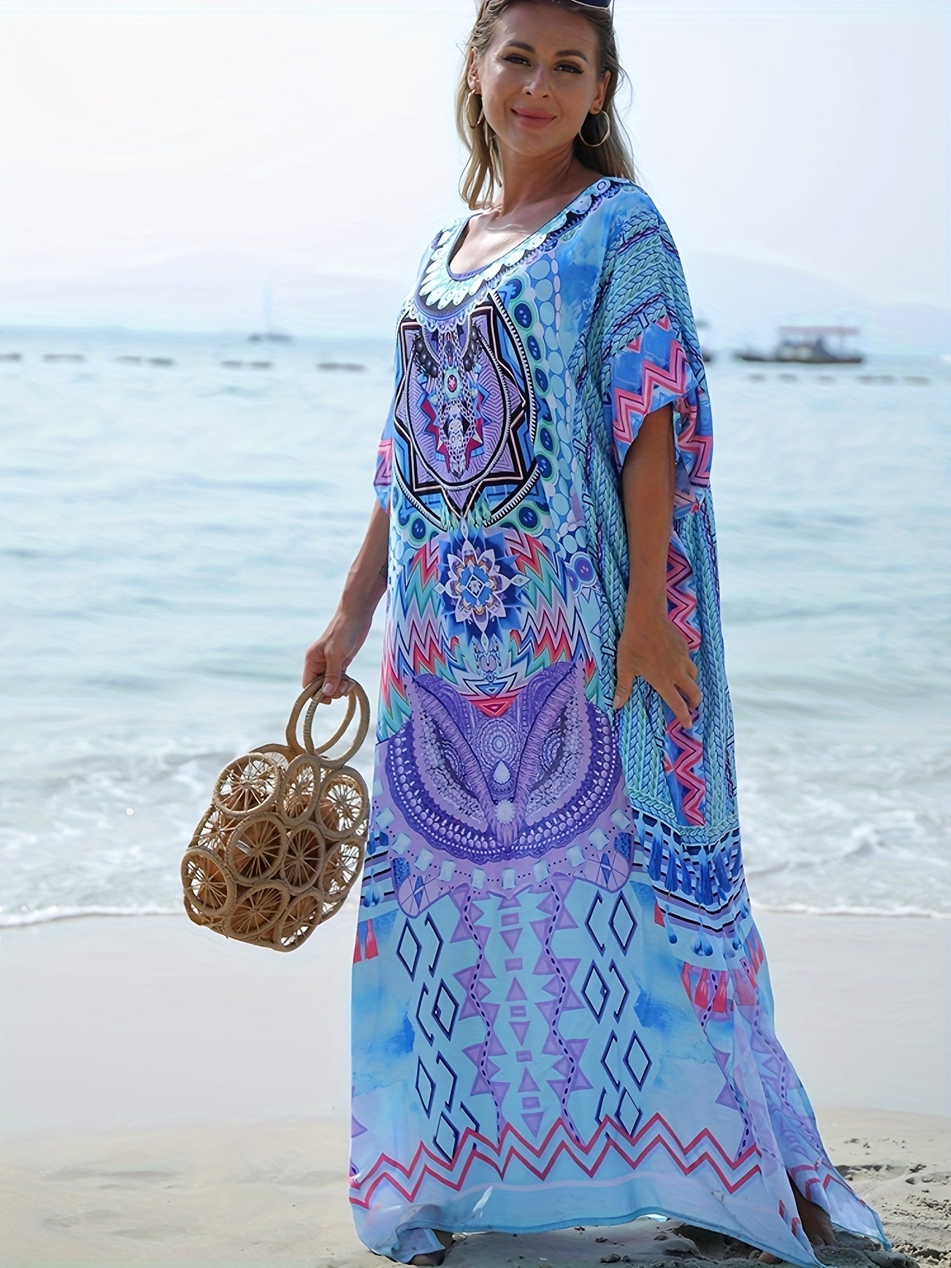 Boho Cover Up Women's Plus Geo Print Kaftan