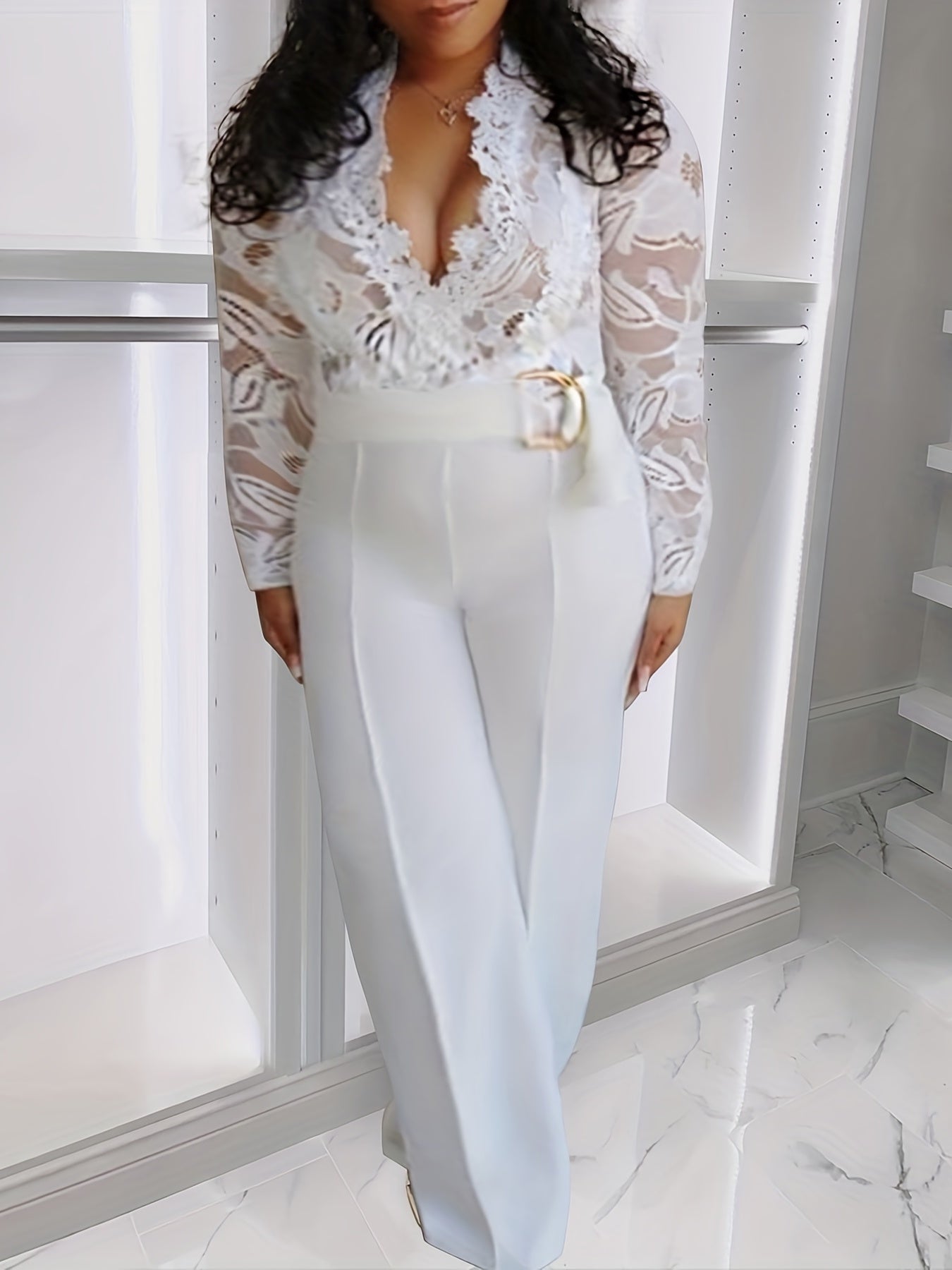 Sexy Jumpsuit Women's Plus Floral Jacquard Lace Sleeve Jumpsuit