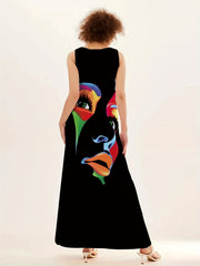 Abstract Face Print Maxi Dress Notched Neck Sleeveless Casual Dress