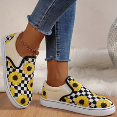 Sunflower & Plaid Pattern Walking Shoes Low Top Travel Sport Flat Shoes Women's