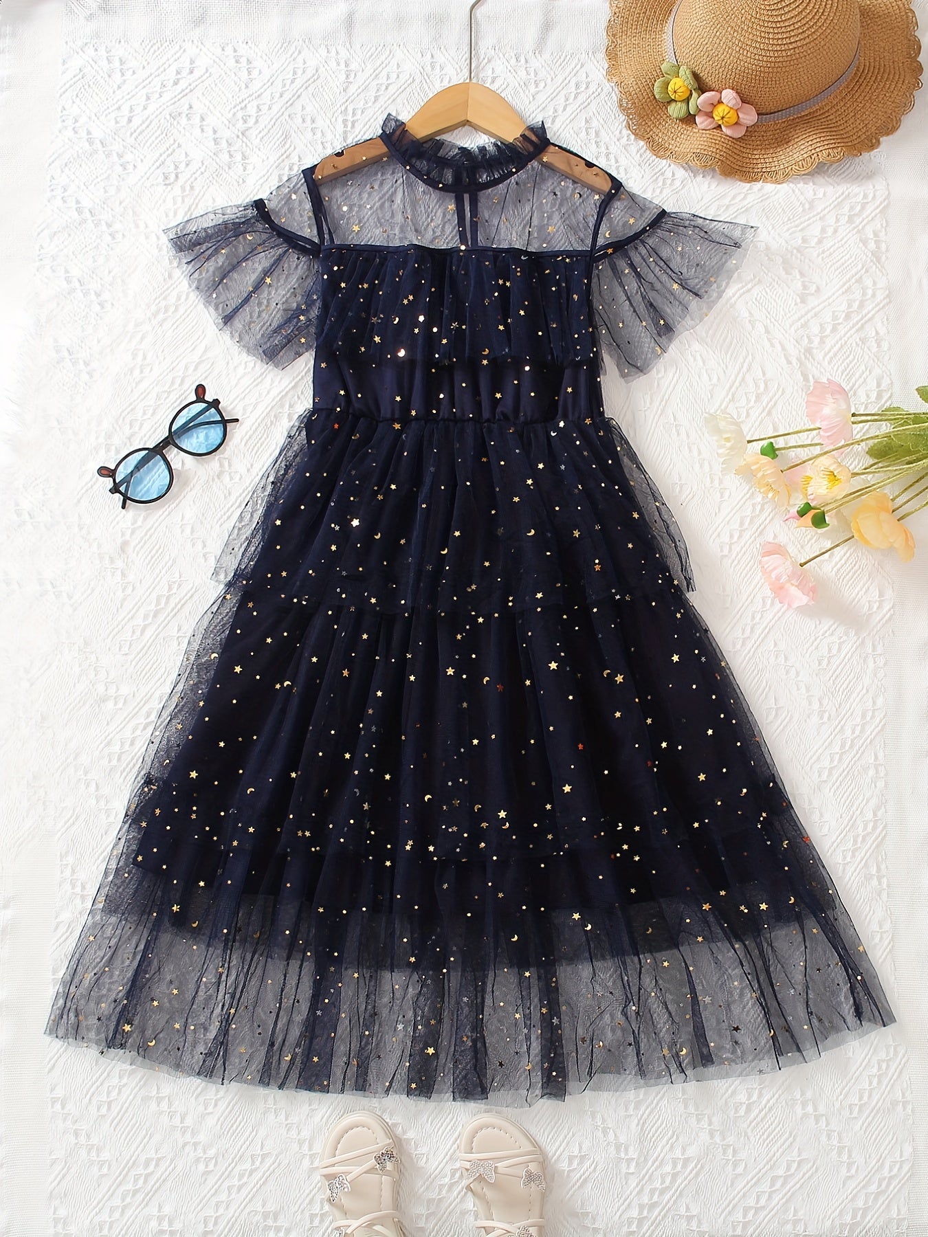 Girls Stars Ruffles Frill Neck Tulle Princess Dress Kids Summer Clothes