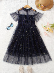 Girls Stars Ruffles Frill Neck Tulle Princess Dress Kids Summer Clothes