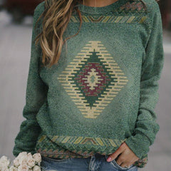 Geometric Ethnic Printed Pullover Shirt Long Sleeve Round Neck