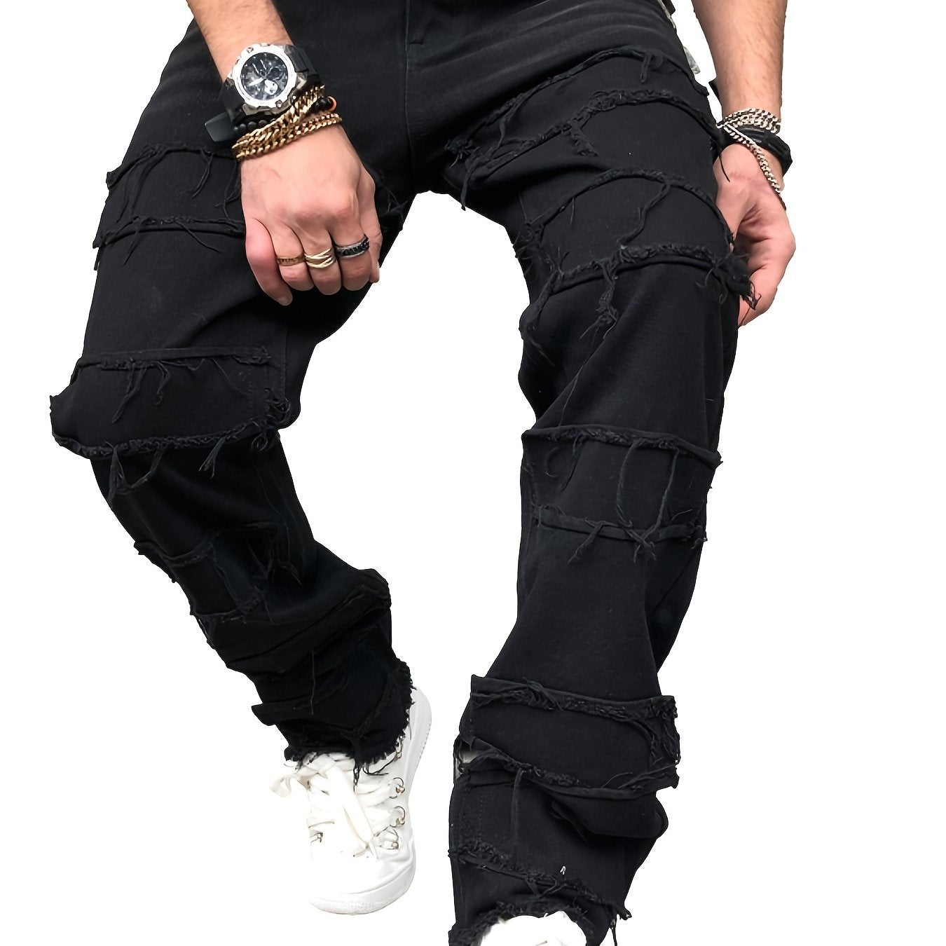 Vintage Raw Trim Loose Fit Jeans Men's Casual Street Style Mid Stretch Denim Pan