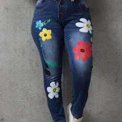 Floral Print High Stretch Denim Pants