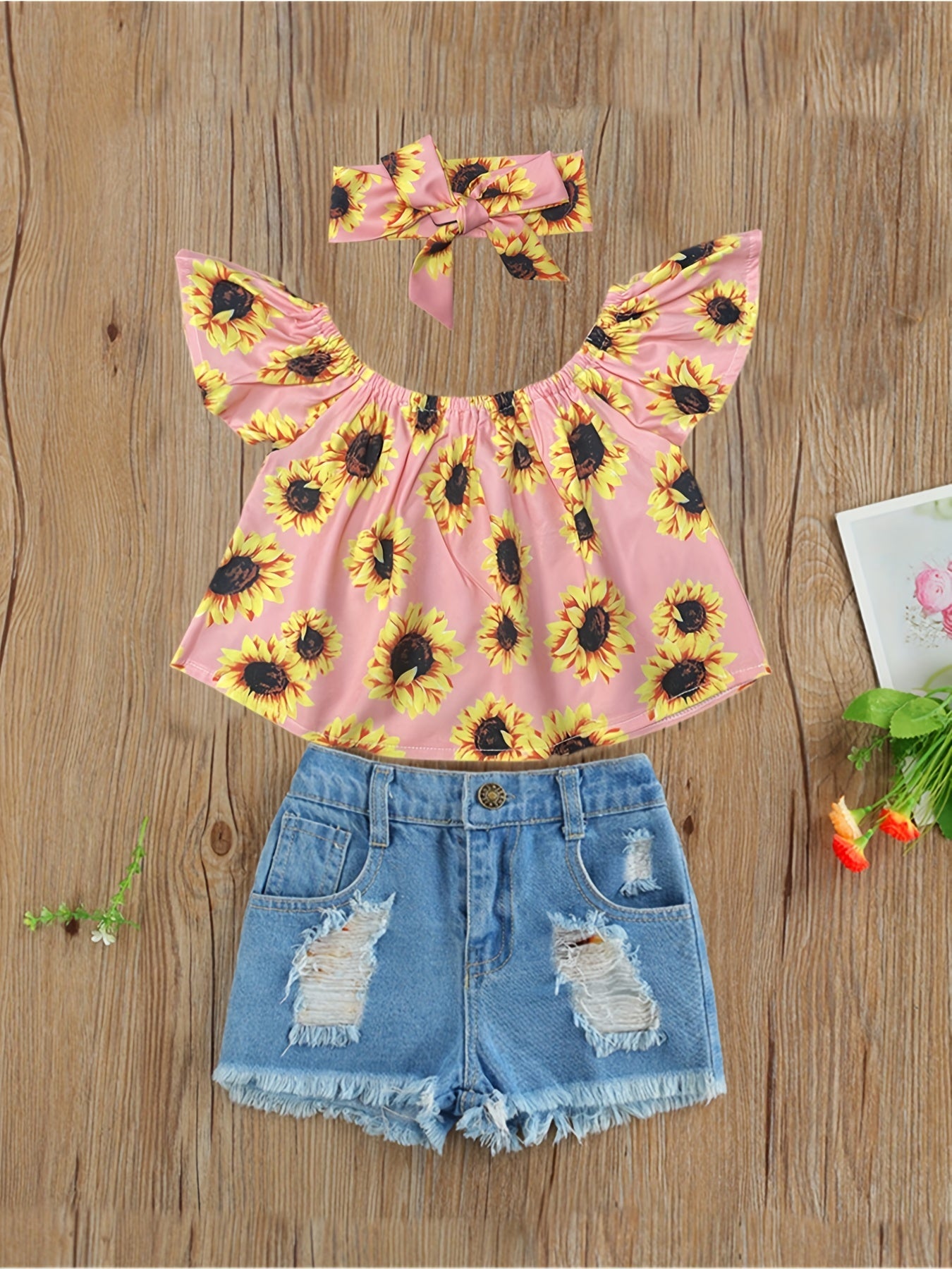 Girls Off Shoulder Sunflower Top & Denim Shorts Set for Summer
