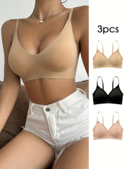 3pcs Seamless Solid Wireless Bras Stretch Everyday Bra Women's Underwear