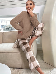 Flannel Pajama Set: Crew Neck Top & Plaid Pants