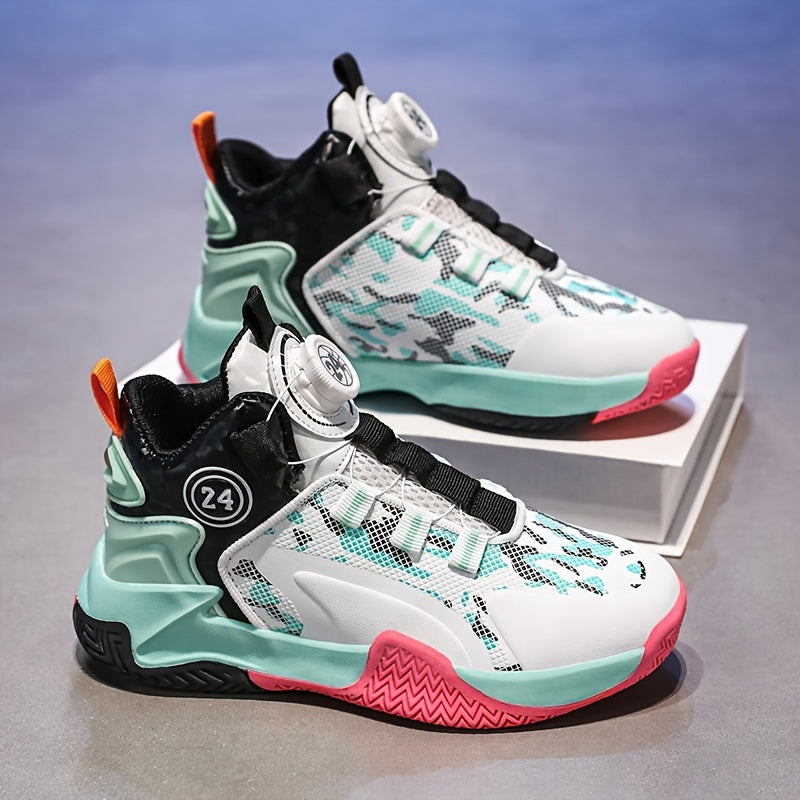 Boy's High Top Basketball Shoes Rotating Buckle Non Slip Sneakers