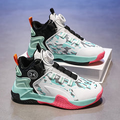Boy's High Top Basketball Shoes Rotating Buckle Non Slip Sneakers