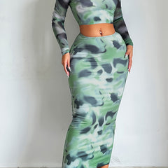 Tie Dye Two Piece Skirt Set Off Shoulder Crop Top & High Waist Bodycon Skirt