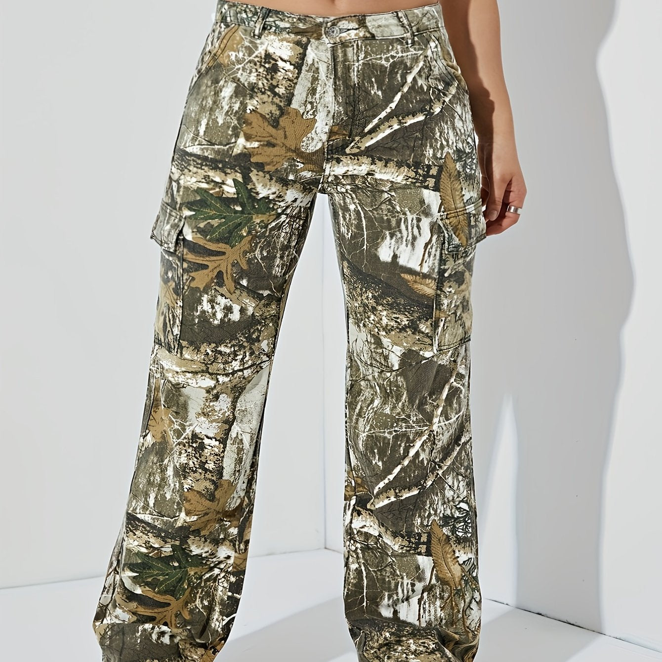 Retro Jeans Women's Plus Leaf Print Cargo Denim Pants