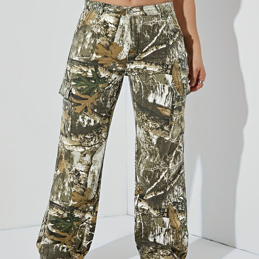 Retro Jeans Women's Plus Leaf Print Cargo Denim Pants