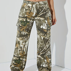 Retro Jeans Women's Plus Leaf Print Cargo Denim Pants