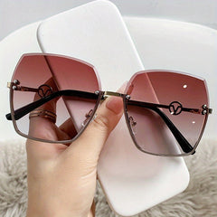 Oversized Gradient Lens Sunglasses Metal Temple Rimless Glasses UV400