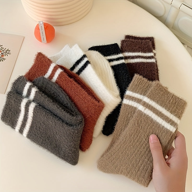 6 Pairs Striped Crew Socks Comfy & Warm All Match Women's Stockings