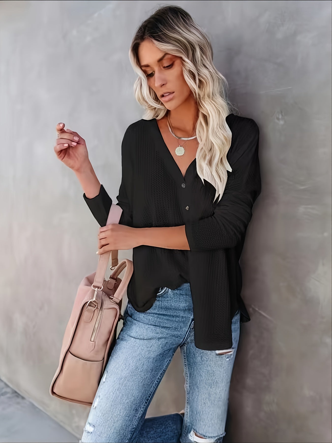 V Neck Button Cardigan Drop Shoulder Long Sleeve