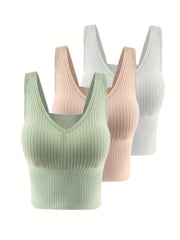 3pcs Ribbed Tank Tops V Neck Padded Women's Lingerie