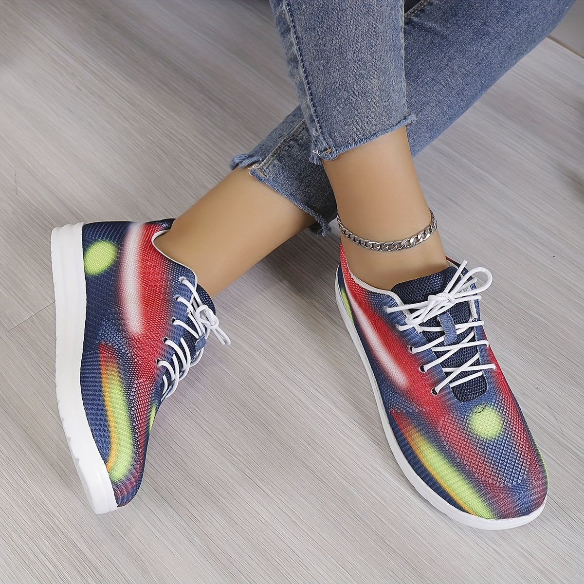 Women's Abstract Pattern Mesh Sneakers Lace Up Casual Slip On Trainers