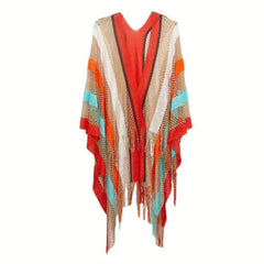 Striped Tassel Shawl Vintage Knitted Cardigan For Women