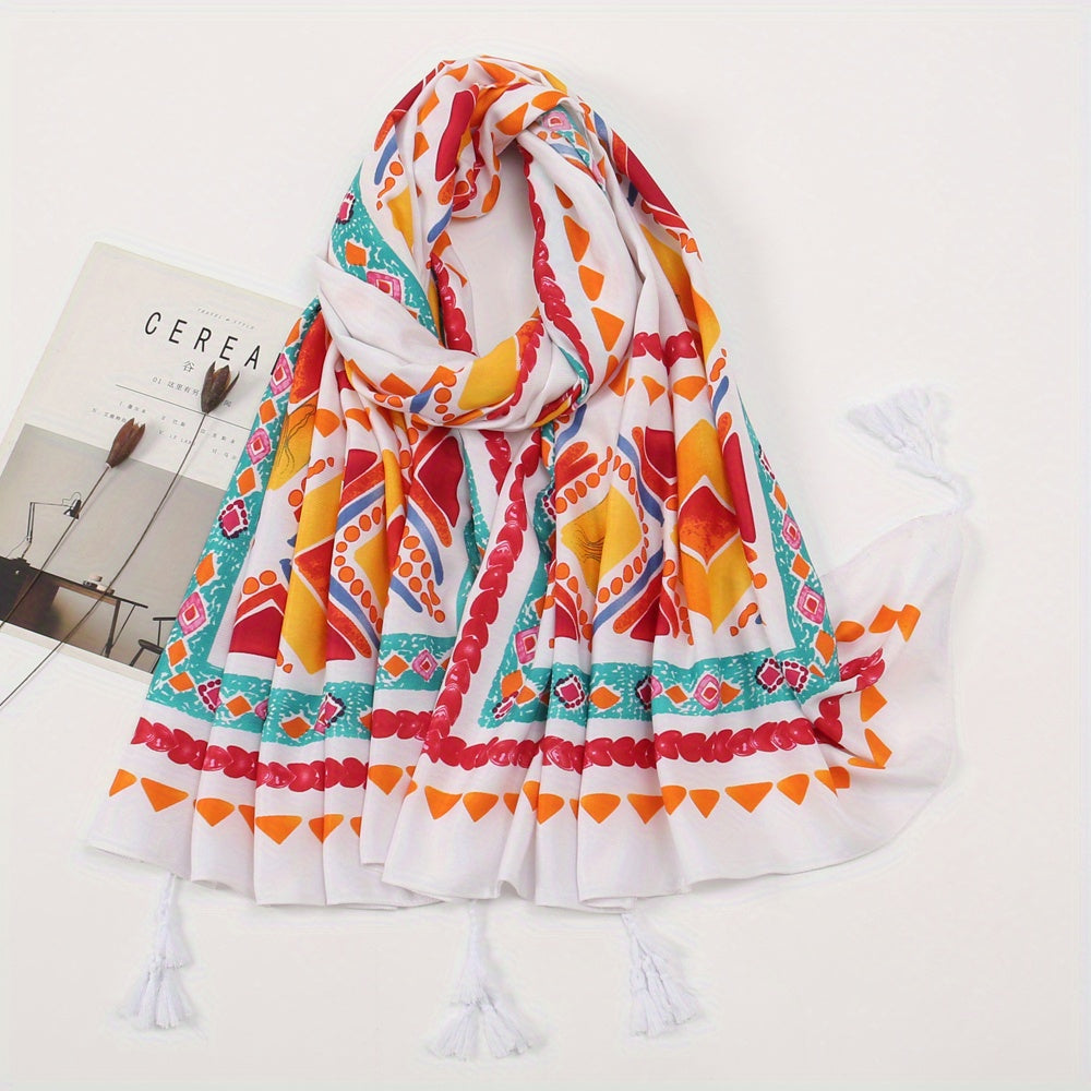 Boho Tassel Decor Scarf Geometric & Plant Print Casual Style Windproof Shawl