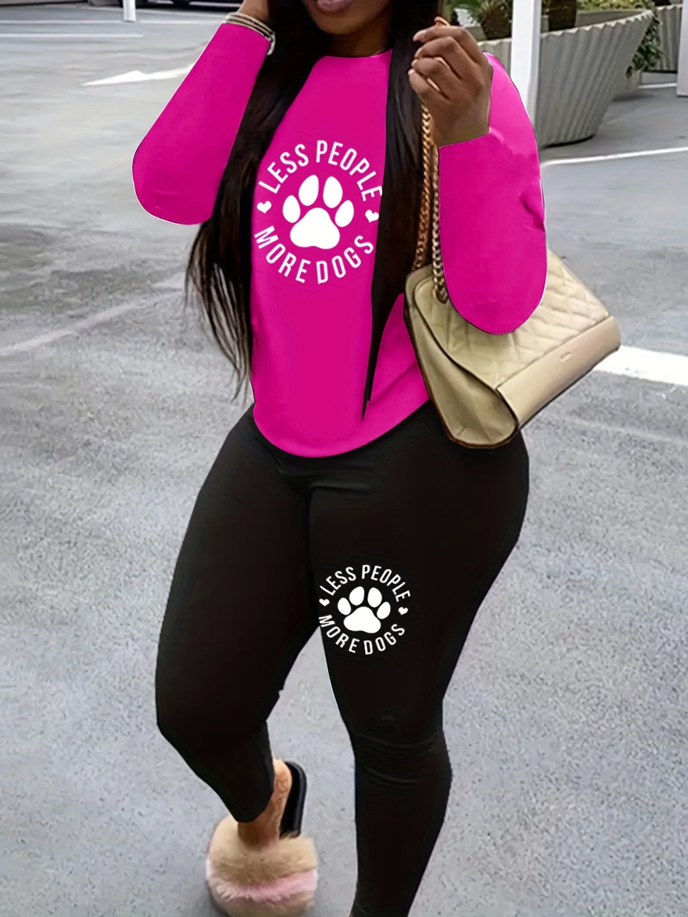 Women's Paw & Slogan Print Top & Leggings Two Piece Set