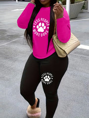 Women's Paw & Slogan Print Top & Leggings Two Piece Set