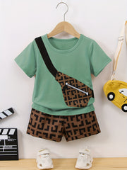 Boys Messenger Bag Print T Shirt & Geometry Print Shorts Set
