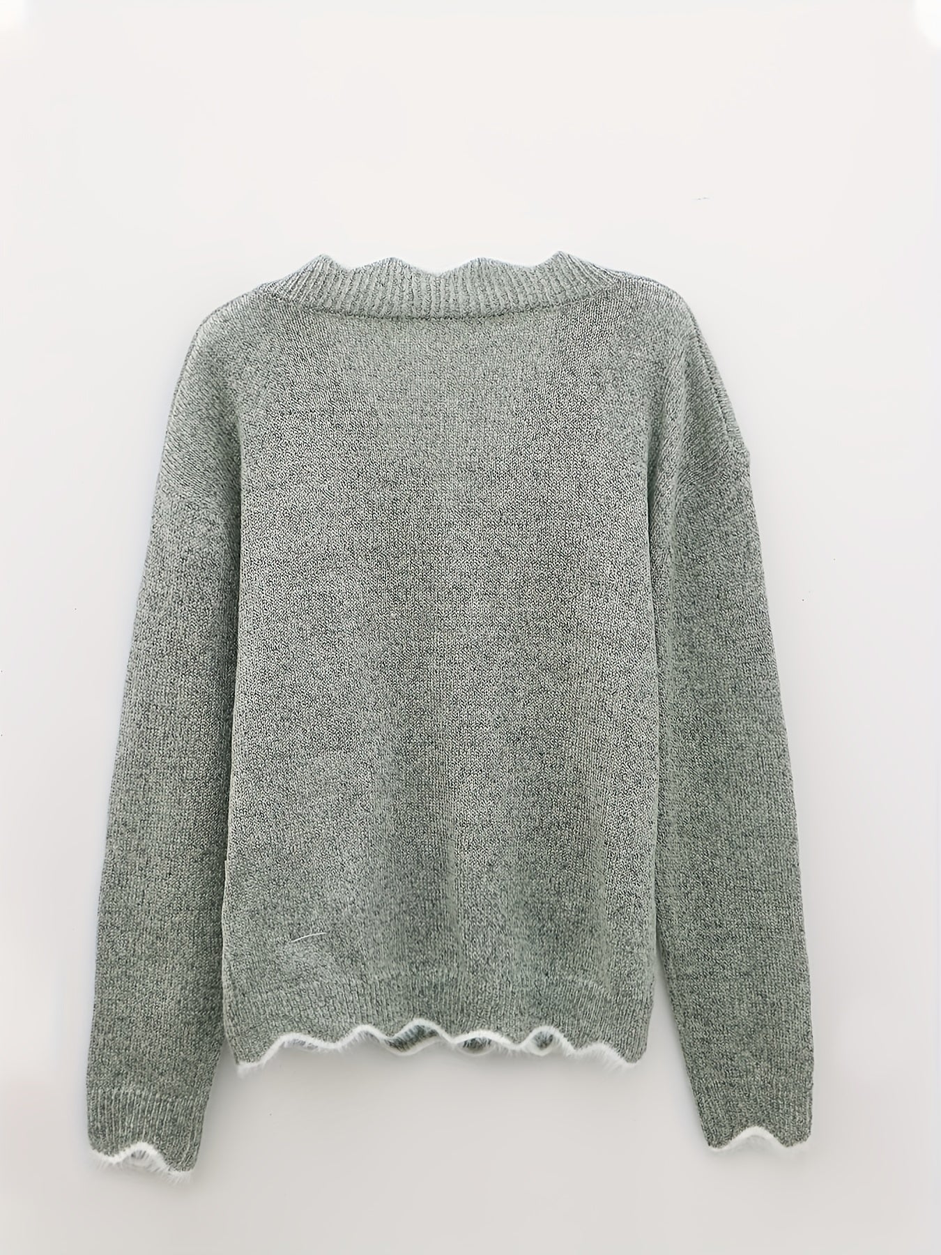 Scallop Trim Knit Sweater V Neck Long Sleeve Women's Clothing