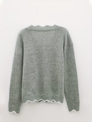 Scallop Trim Knit Sweater V Neck Long Sleeve Women's Clothing