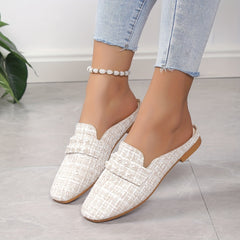 Women's Faux Pearl Decor Flat Shoes Casual Square Toe Slip On Loafers