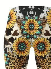 Girls Sunflower Graphic Leggings, Western Style, Thick, Fall Winter