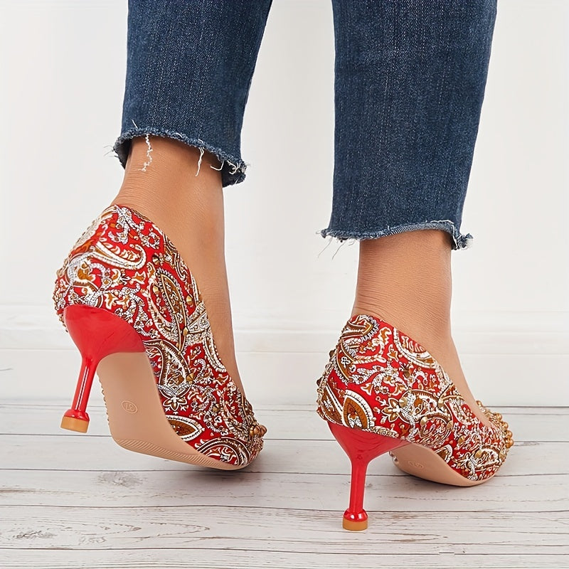 Rhinestone High Heels Paisley Pattern Pointed Toe Stiletto Heels