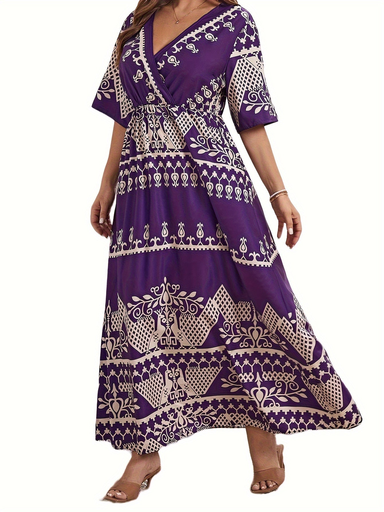 Boho Dress Women's Plus Floral Print Surplice Neck Maxi Dress