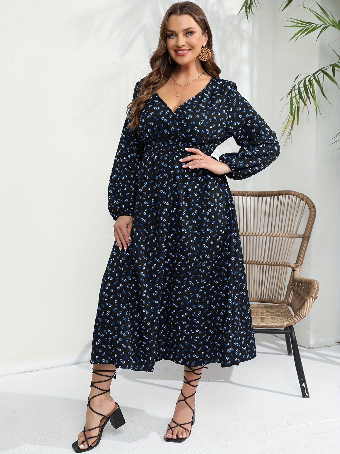 Ditsy Print Long Sleeve Maxi Dress