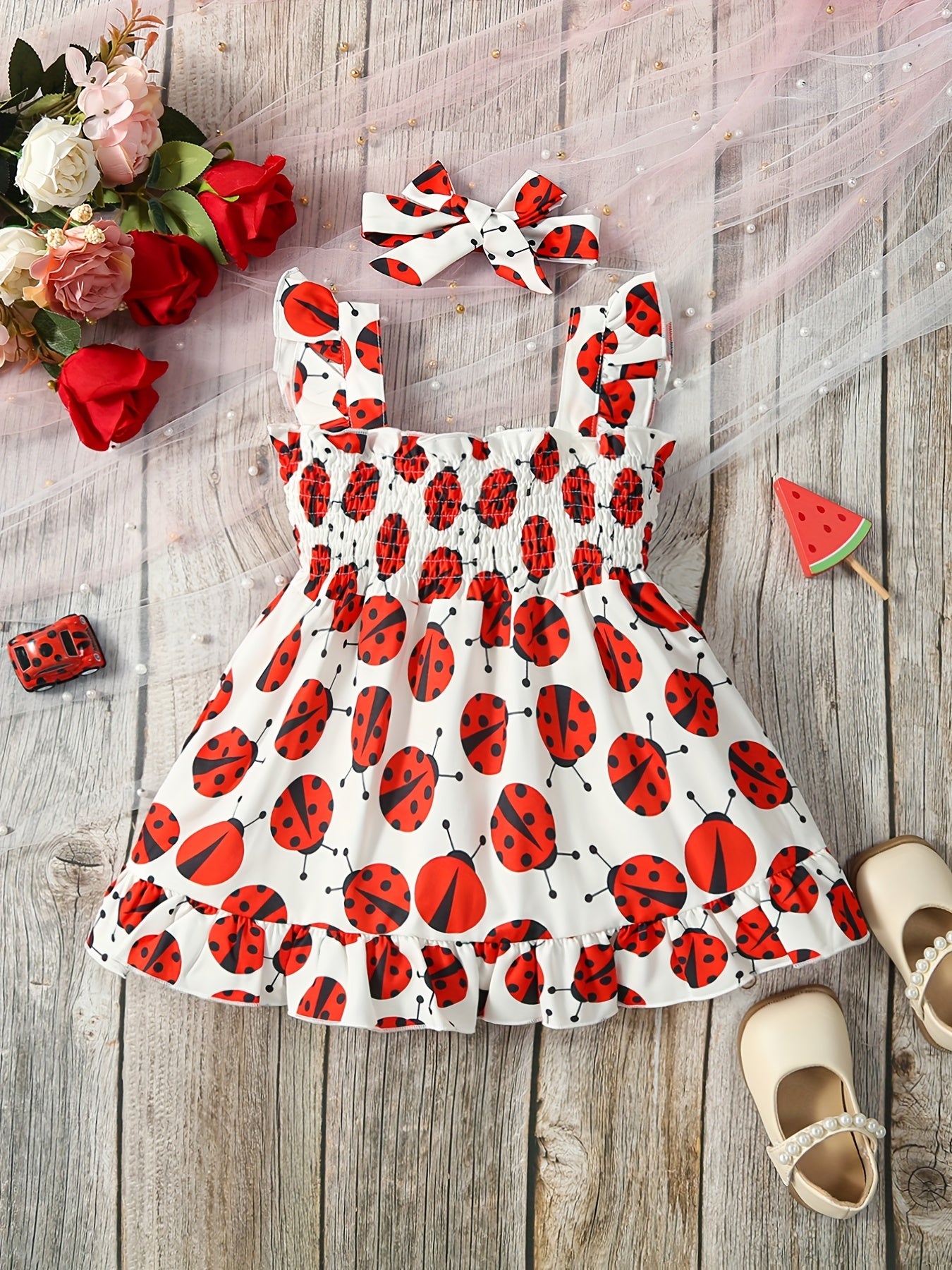Baby Girls Butterfly Print Sleeveless Dress & Bow Headband Set