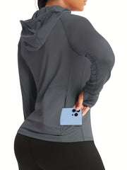 Grey Long Sleeve Loose Hooded Tops Tshirts For Outdoor Sports Running Hiking
