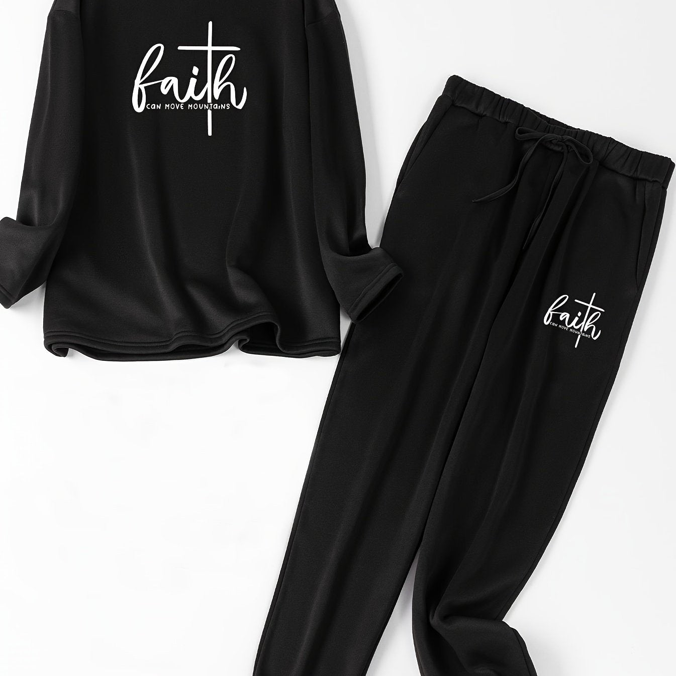 Cross Letter Print Fleece Top & Joggers Pajamas Set