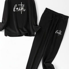 Cross Letter Print Fleece Top & Joggers Pajamas Set