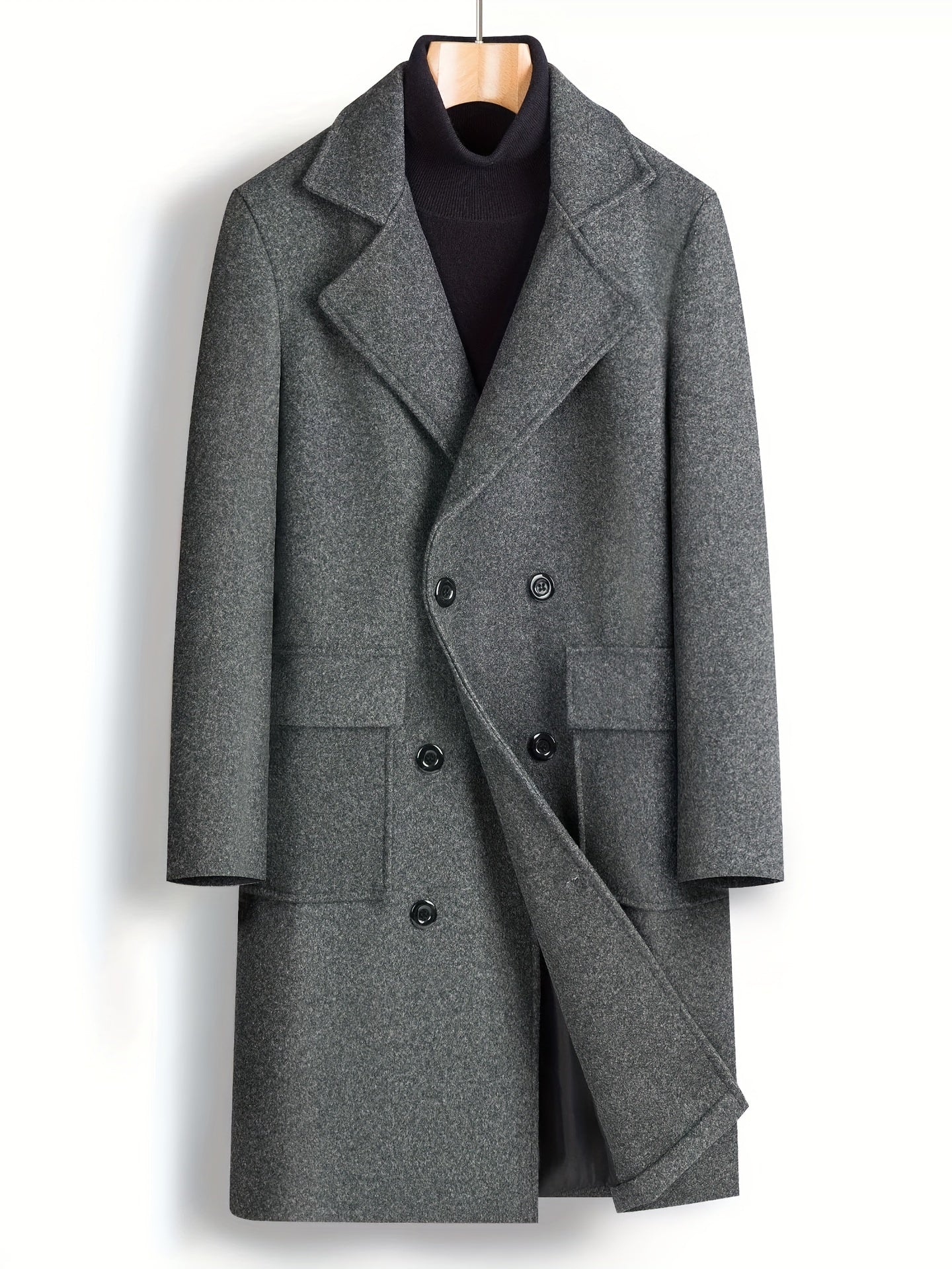Double Breasted Trench Coat Men's Casual Lapel Woolen Overcoat