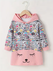 Girls' Kitty Print Casual Hooded Sweatshirt Kids' Hoodie Pullover Coat