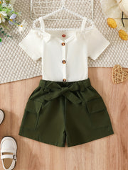 Girls' 2 Piece Outfits Ribbed Halter Neck Sleeveless Top & Shorts Set