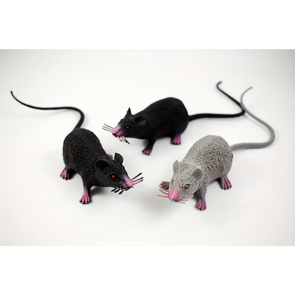 3pcs Mini Mouse Pups Realistic Plastic Toys Grey Fur Pink Accents Glowing Eyes