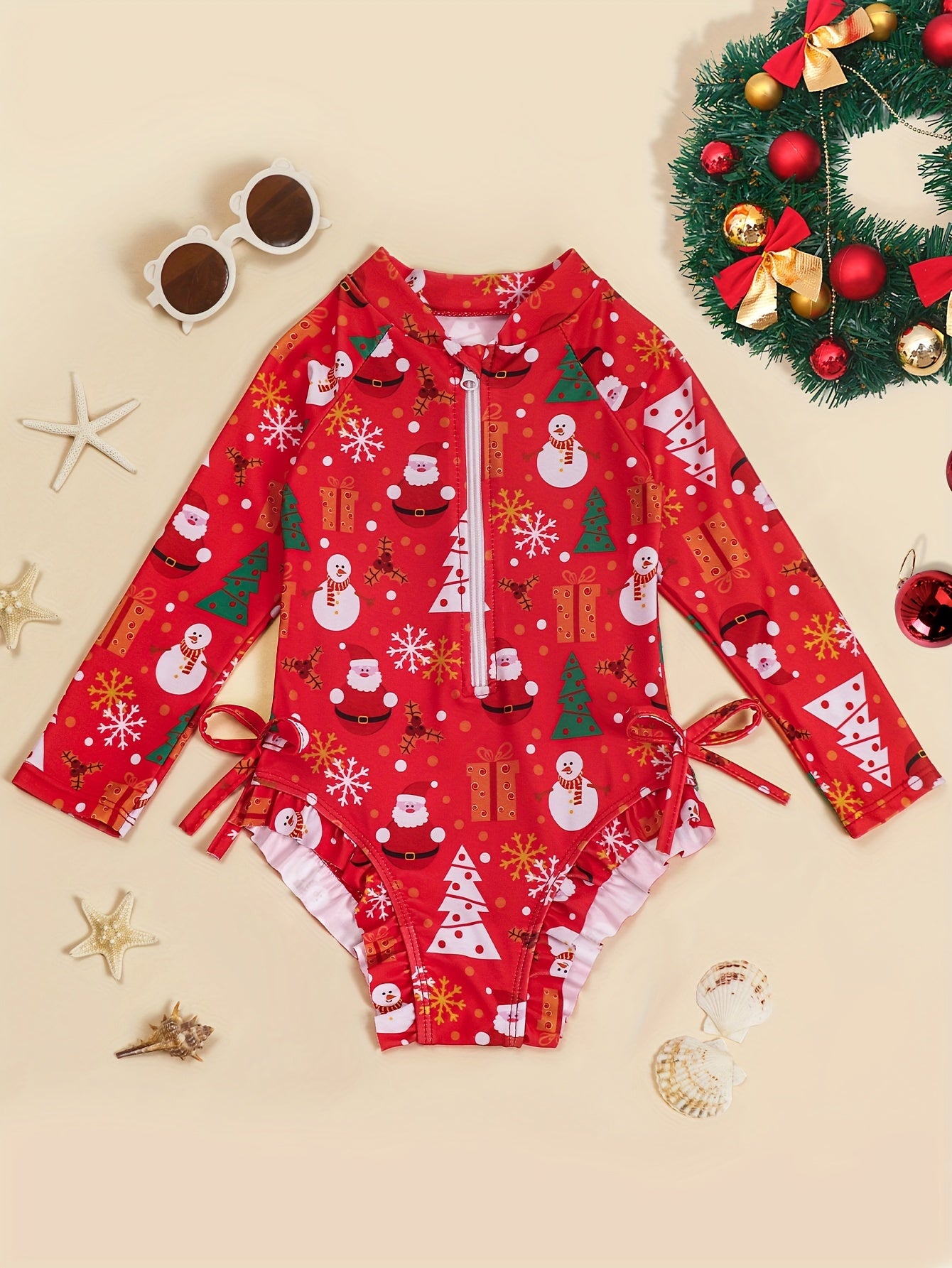 Girls Santa Ruffle Trim Long Sleeve Swimsuit Christmas Gift