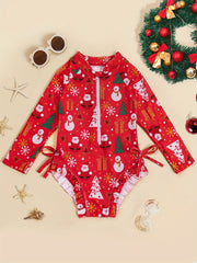 Girls Santa Ruffle Trim Long Sleeve Swimsuit Christmas Gift