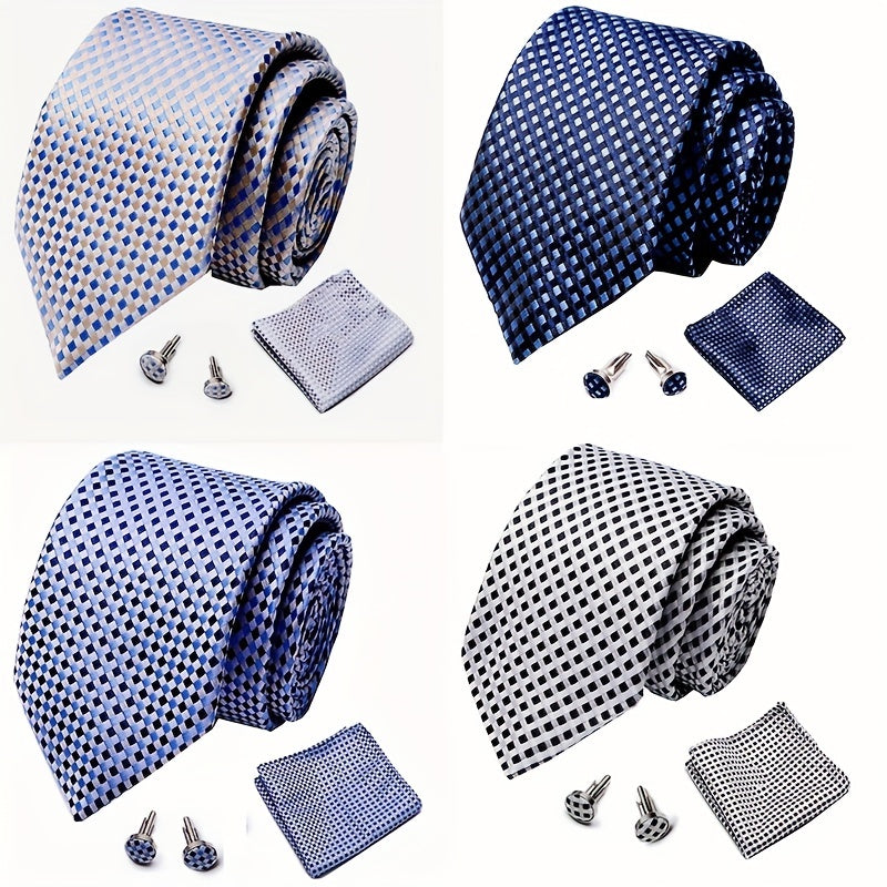 Men's Plaid Pattern Tie Pocket Scarf Cuff Set For Suits