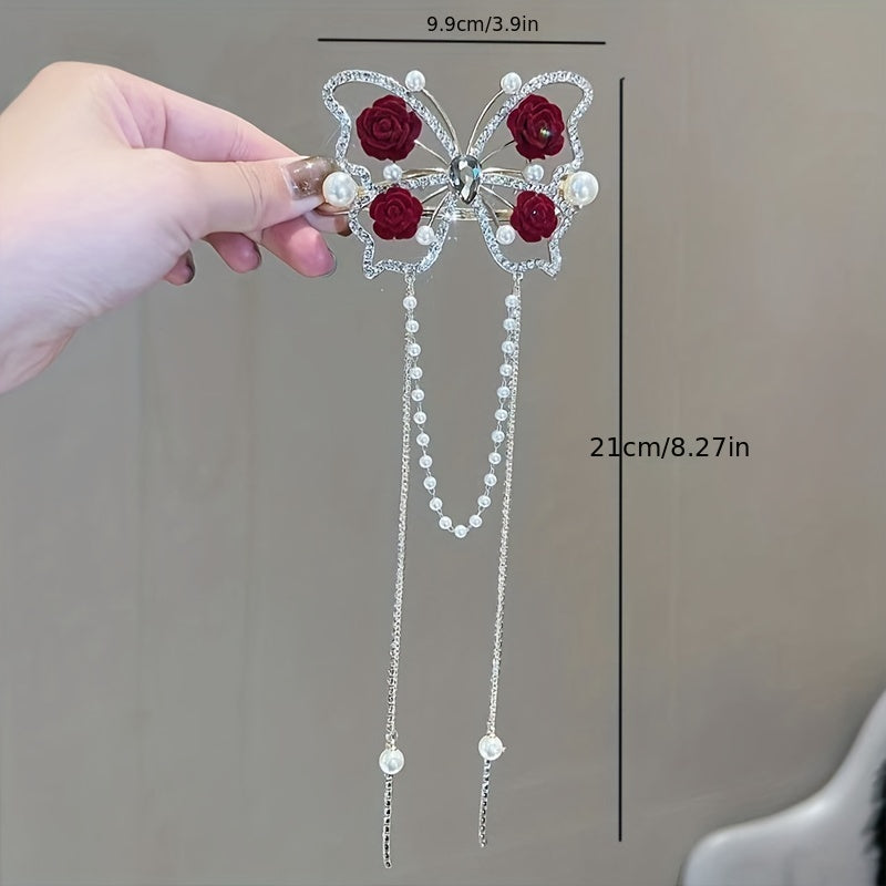 Girl's Tassel Rose Flower Barrette Vintage Rhinestone Hair Clip